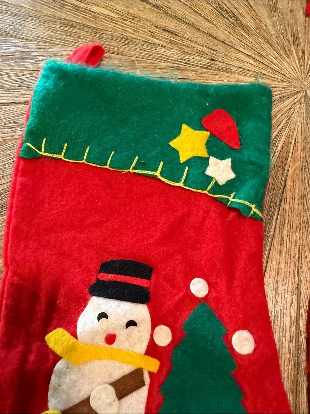 Pair of vintage felt appliqué Christmas stockings snowman and Santa